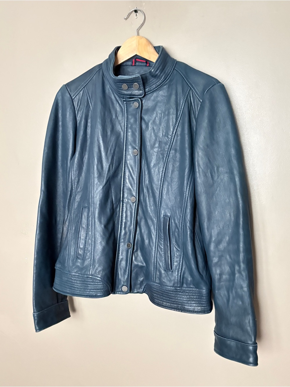 Tommy Hilfiger Genuine Leather Moto Jacket rare blue color minimalist sz L EUC